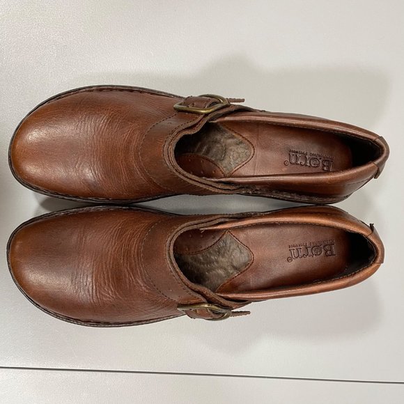 Born Clogs Shoes Buckle Harness Slip On Leather Brown Wedge Heel Womens 11 - Picture 8 of 12